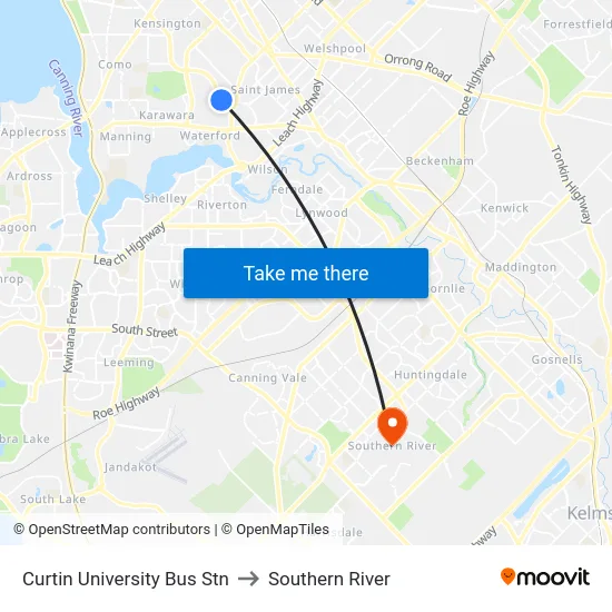 Curtin University Bus Stn to Southern River map