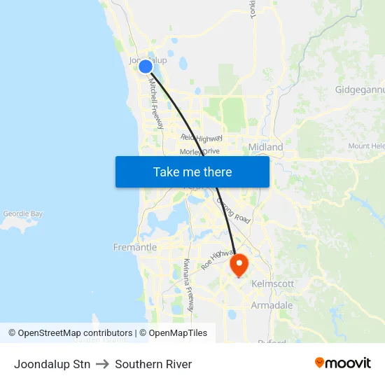 Joondalup Stn to Southern River map