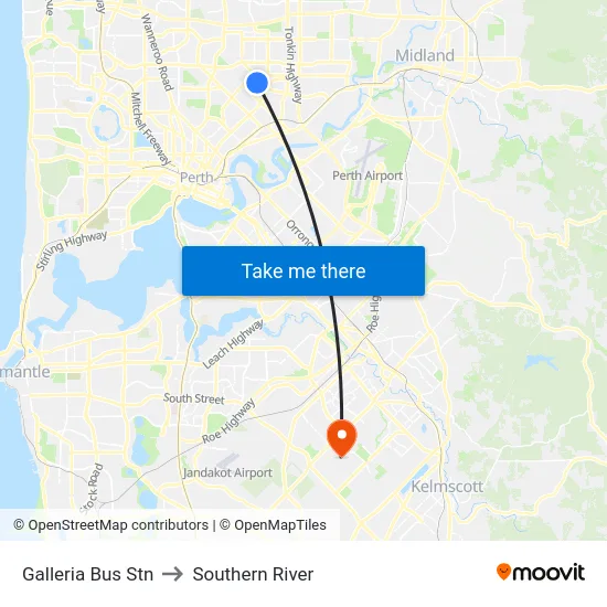 Galleria Bus Stn to Southern River map