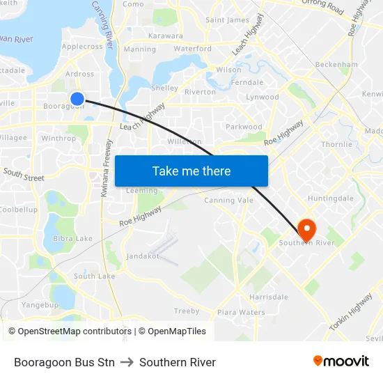 Booragoon Bus Stn to Southern River map