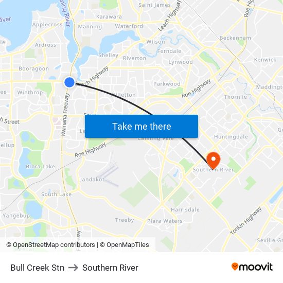 Bull Creek Stn to Southern River map