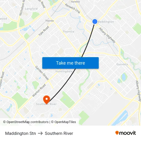 Maddington Stn to Southern River map