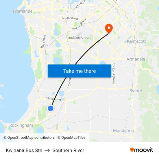 Kwinana Bus Stn to Southern River map