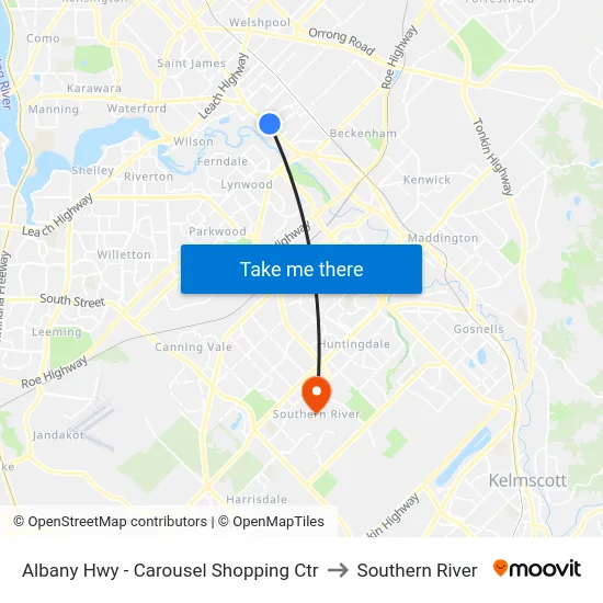 Albany Hwy - Carousel Shopping Ctr to Southern River map