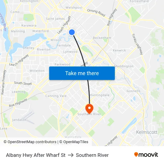 Albany Hwy After Wharf St to Southern River map