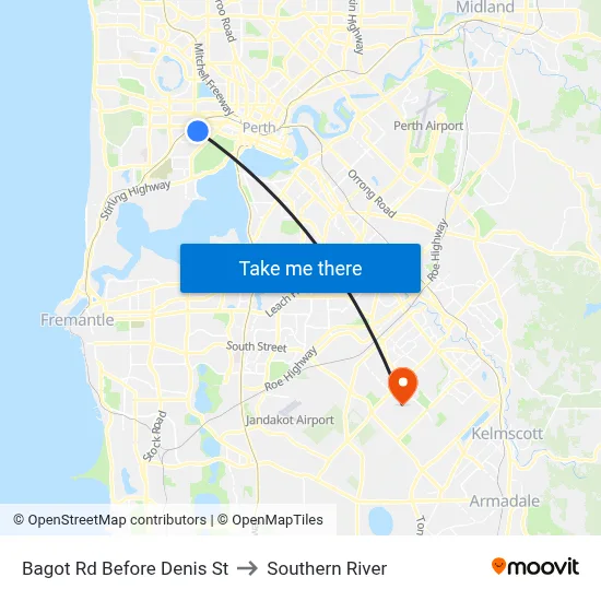Bagot Rd Before Denis St to Southern River map