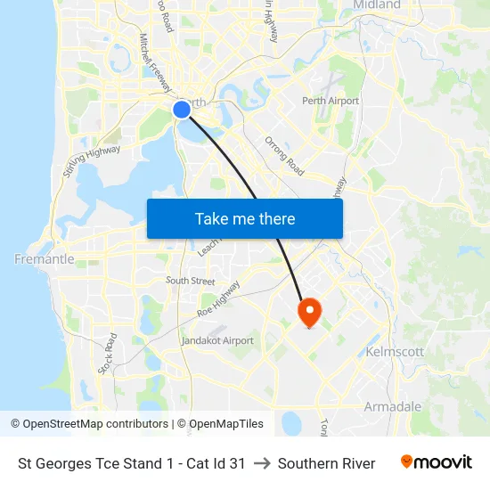 St Georges Tce Stand 1 -  Cat Id 31 to Southern River map