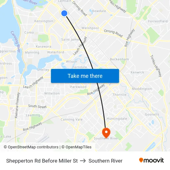Shepperton Rd Before Miller St to Southern River map