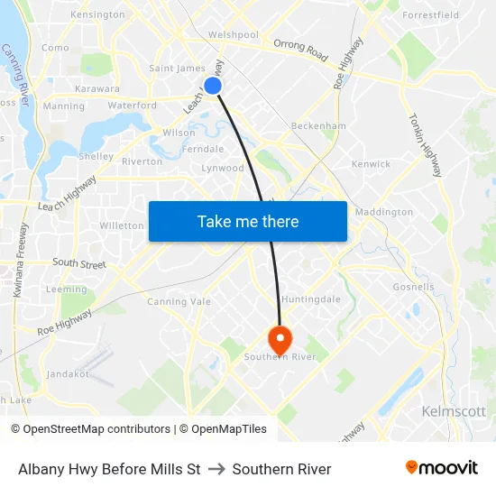 Albany Hwy Before Mills St to Southern River map
