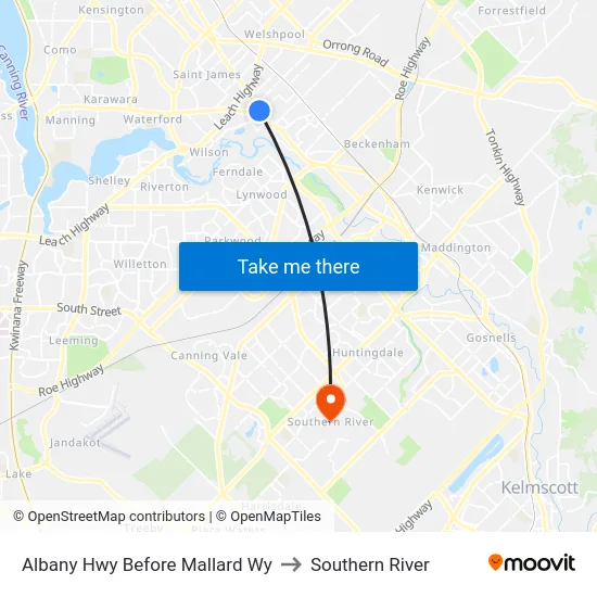 Albany Hwy Before Mallard Wy to Southern River map