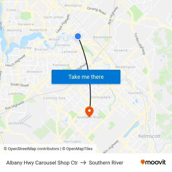 Albany Hwy Carousel Shop Ctr to Southern River map