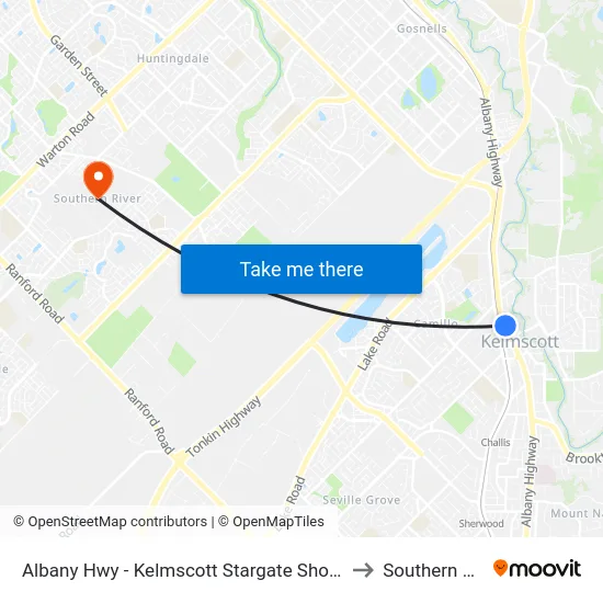 Albany Hwy - Kelmscott Stargate Shopping Ctr to Southern River map