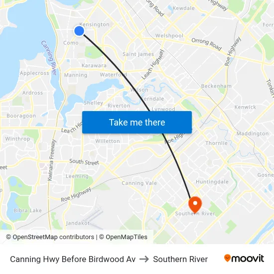 Canning Hwy Before Birdwood Av to Southern River map
