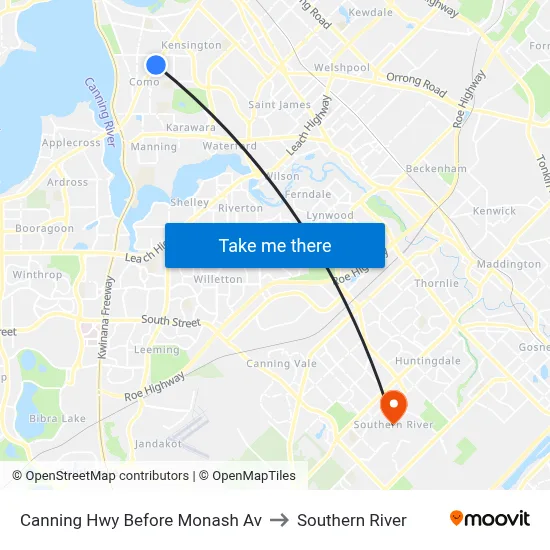 Canning Hwy Before Monash Av to Southern River map