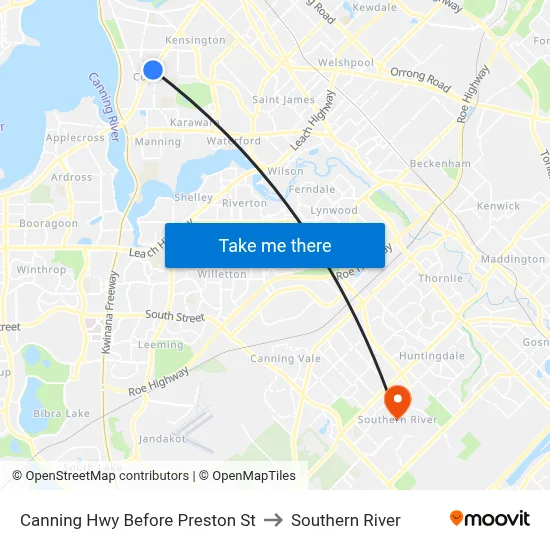 Canning Hwy Before Preston St to Southern River map