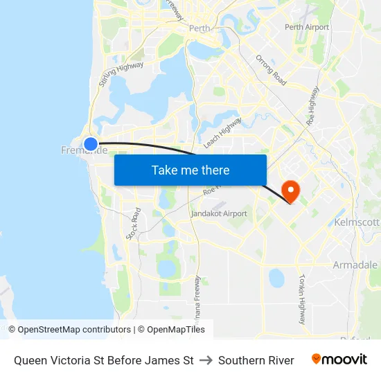 Queen Victoria St Before James St to Southern River map