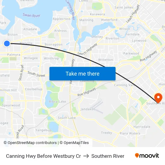 Canning Hwy Before Westbury Cr to Southern River map