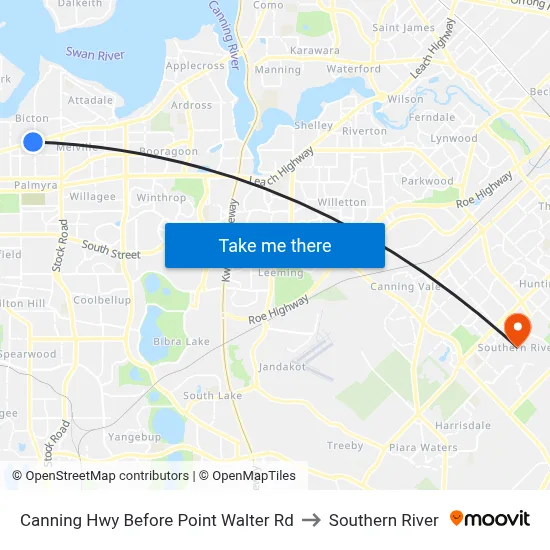 Canning Hwy Before Point Walter Rd to Southern River map