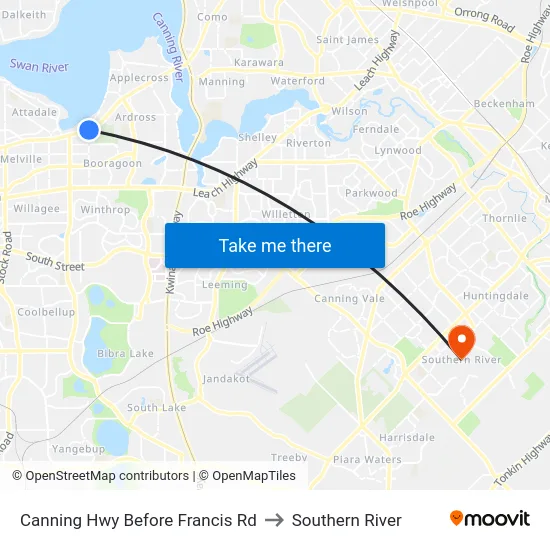 Canning Hwy Before Francis Rd to Southern River map