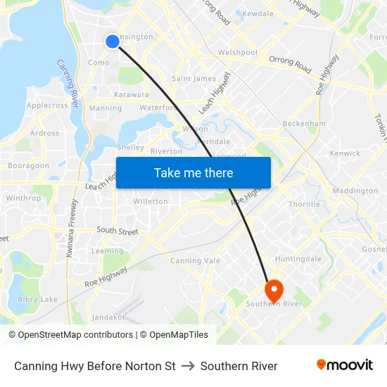 Canning Hwy Before Norton St to Southern River map