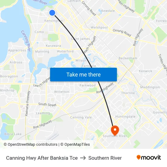 Canning Hwy After Banksia Tce to Southern River map