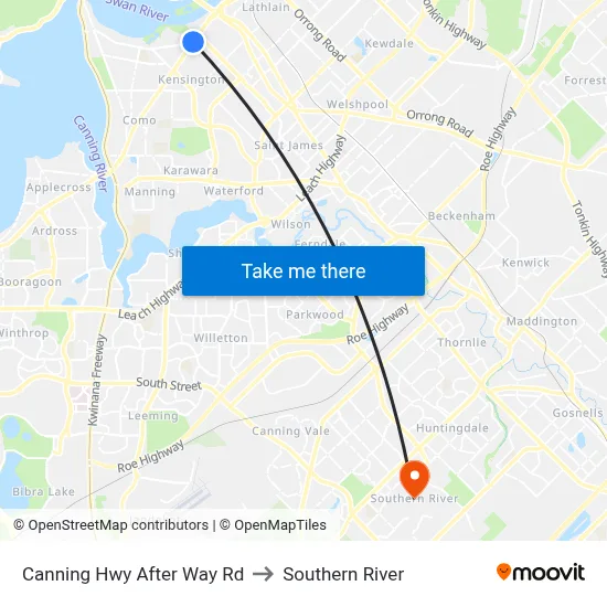Canning Hwy After Way Rd to Southern River map