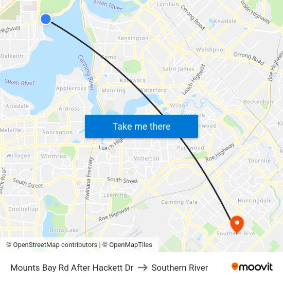 Mounts Bay Rd After Hackett Dr to Southern River map