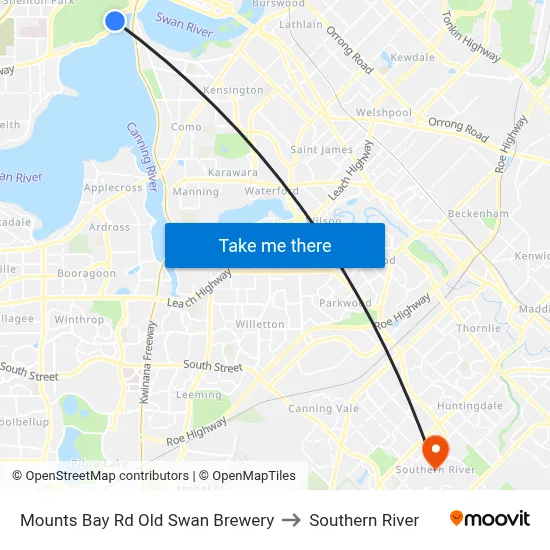 Mounts Bay Rd Old Swan Brewery to Southern River map