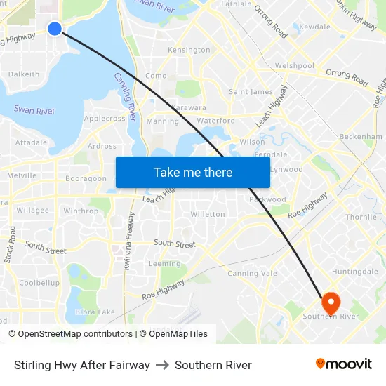 Stirling Hwy After Fairway to Southern River map