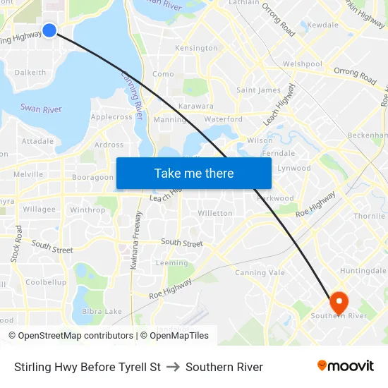 Stirling Hwy Before Tyrell St to Southern River map