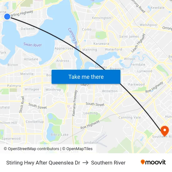 Stirling Hwy After Queenslea Dr to Southern River map
