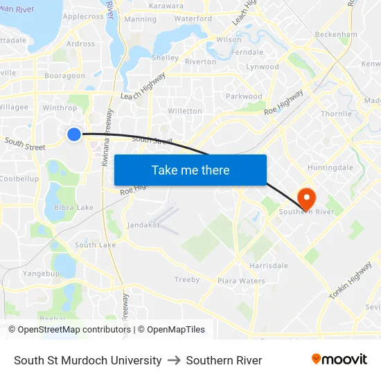 South St Murdoch University to Southern River map