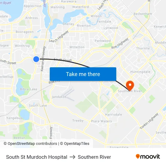 South St Murdoch Hospital to Southern River map