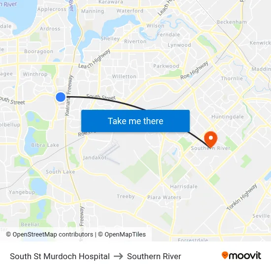 South St Murdoch Hospital to Southern River map