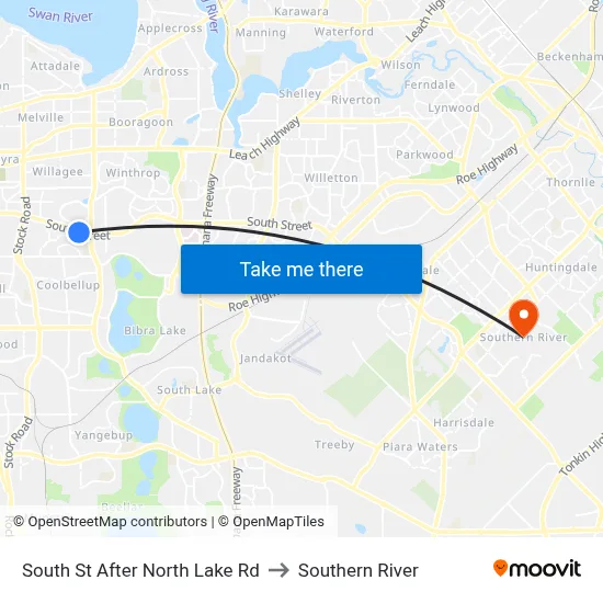 South St After North Lake Rd to Southern River map
