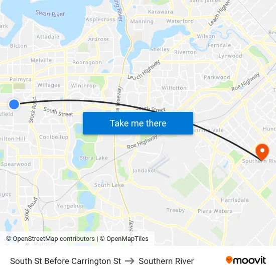 South St Before Carrington St to Southern River map