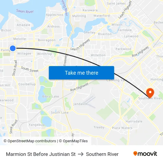 Marmion St Before Justinian St to Southern River map