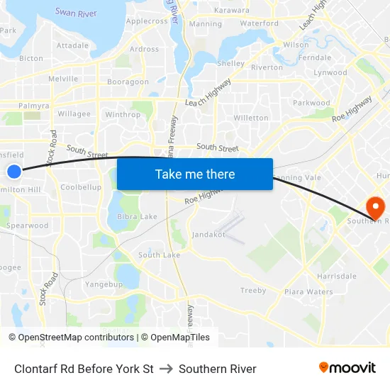 Clontarf Rd Before York St to Southern River map