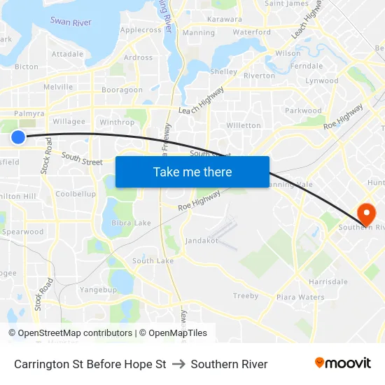 Carrington St Before Hope St to Southern River map