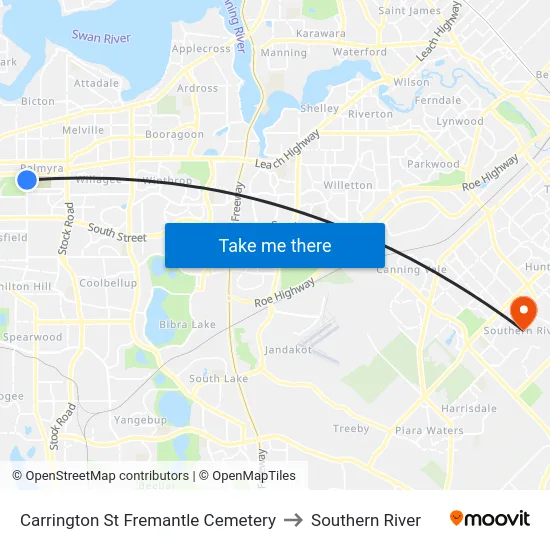 Carrington St Fremantle Cemetery to Southern River map