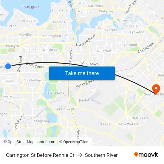 Carrington St Before Rennie Cr to Southern River map