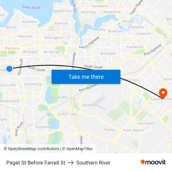Paget St Before Farrell St to Southern River map