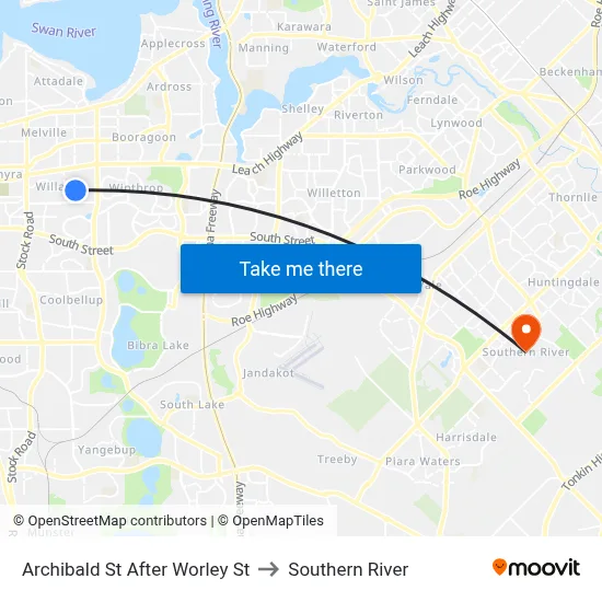 Archibald St After Worley St to Southern River map