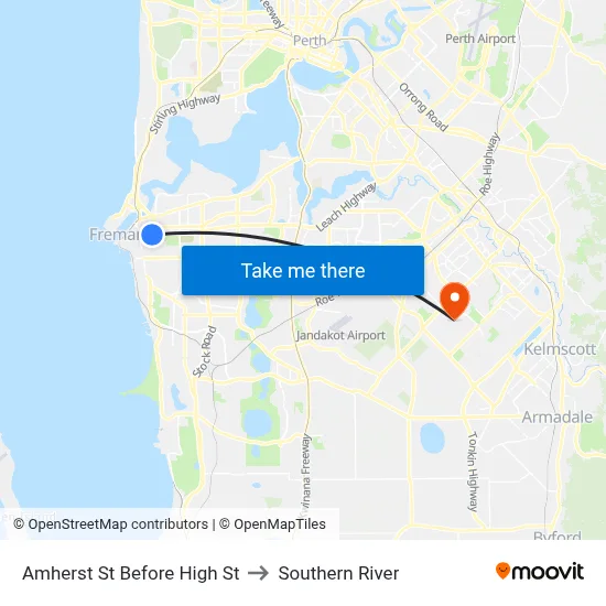 Amherst St Before High St to Southern River map