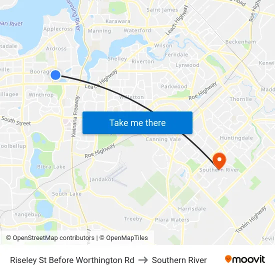 Riseley St Before Worthington Rd to Southern River map