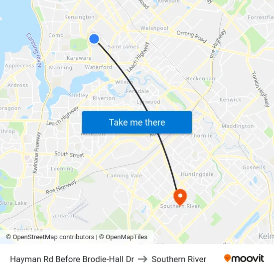 Hayman Rd Before Brodie-Hall Dr to Southern River map
