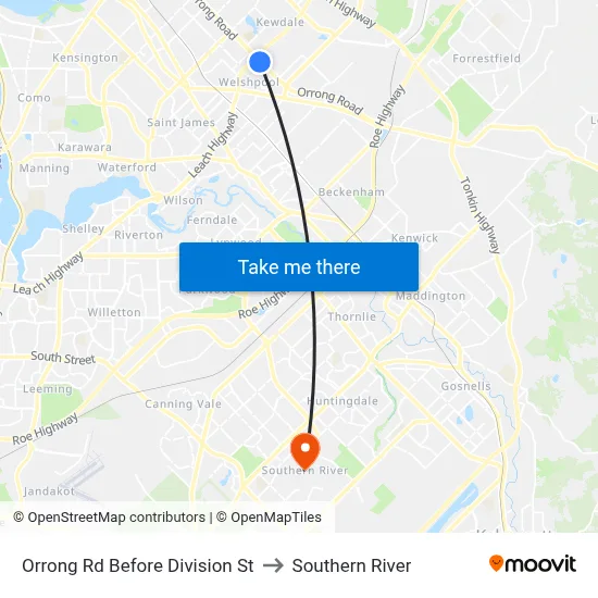 Orrong Rd Before Division St to Southern River map