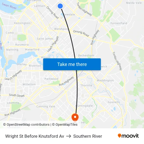 Wright St Before Knutsford Av to Southern River map