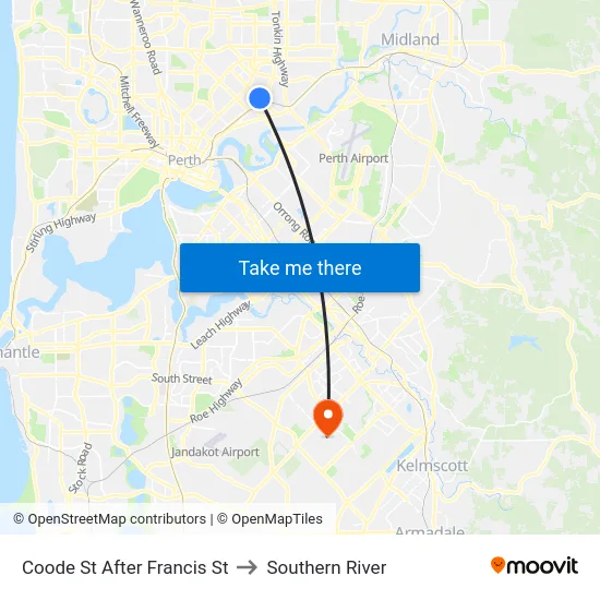 Coode St After Francis St to Southern River map