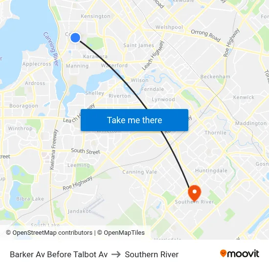 Barker Av Before Talbot Av to Southern River map